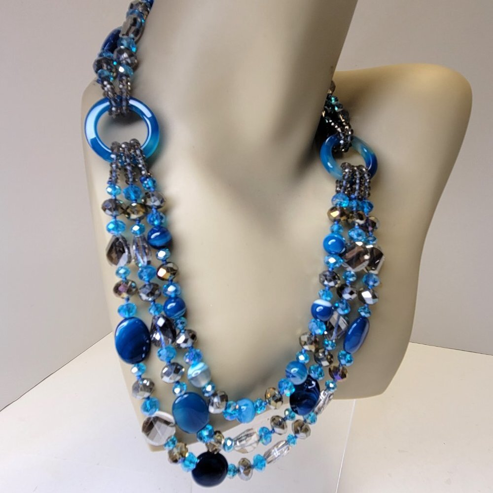 Blue Beaded Necklace MultiStrand Blue and Grey Beaded Necklace